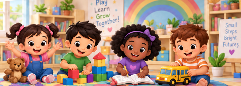 Four happy children playing and learning together in a bright classroom at Alicia's Family Child Care — building blocks, reading a book, and playing with a toy school bus under a rainbow.